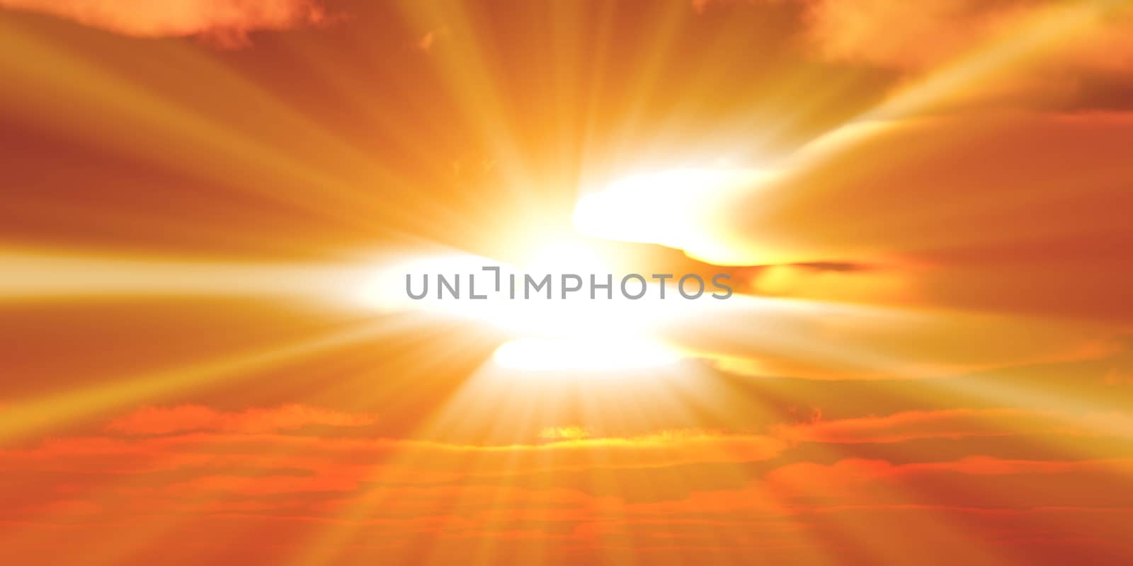 Big sun sky at beautiful sunset, 3d illustration