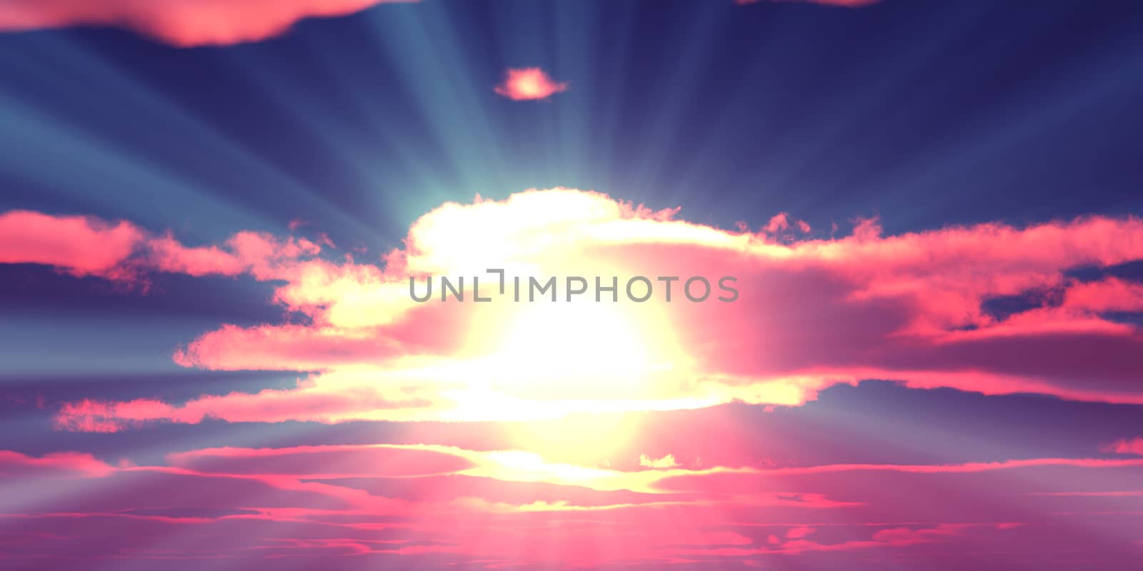 Big sun sky at beautiful sunset, 3d illustration