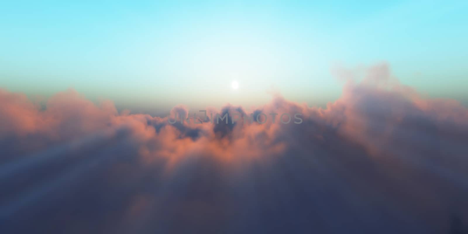 Beautiful aerial view above clouds with sunset. 3d illustration