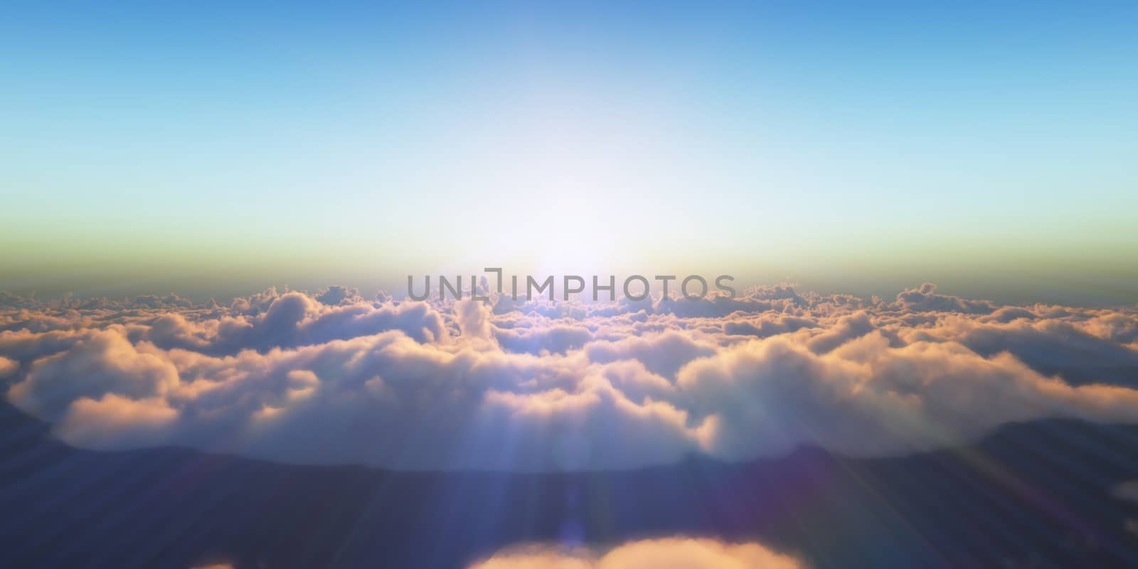 Beautiful aerial view above clouds with sunset. 3d illustration