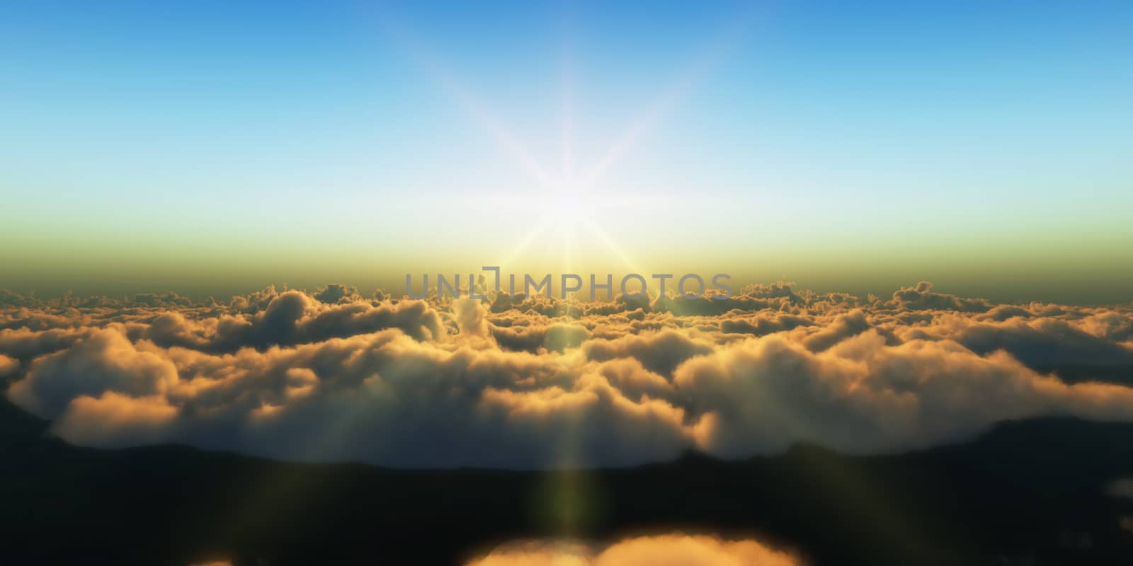 Beautiful aerial view above clouds with sunset. 3d illustration by alex_nako