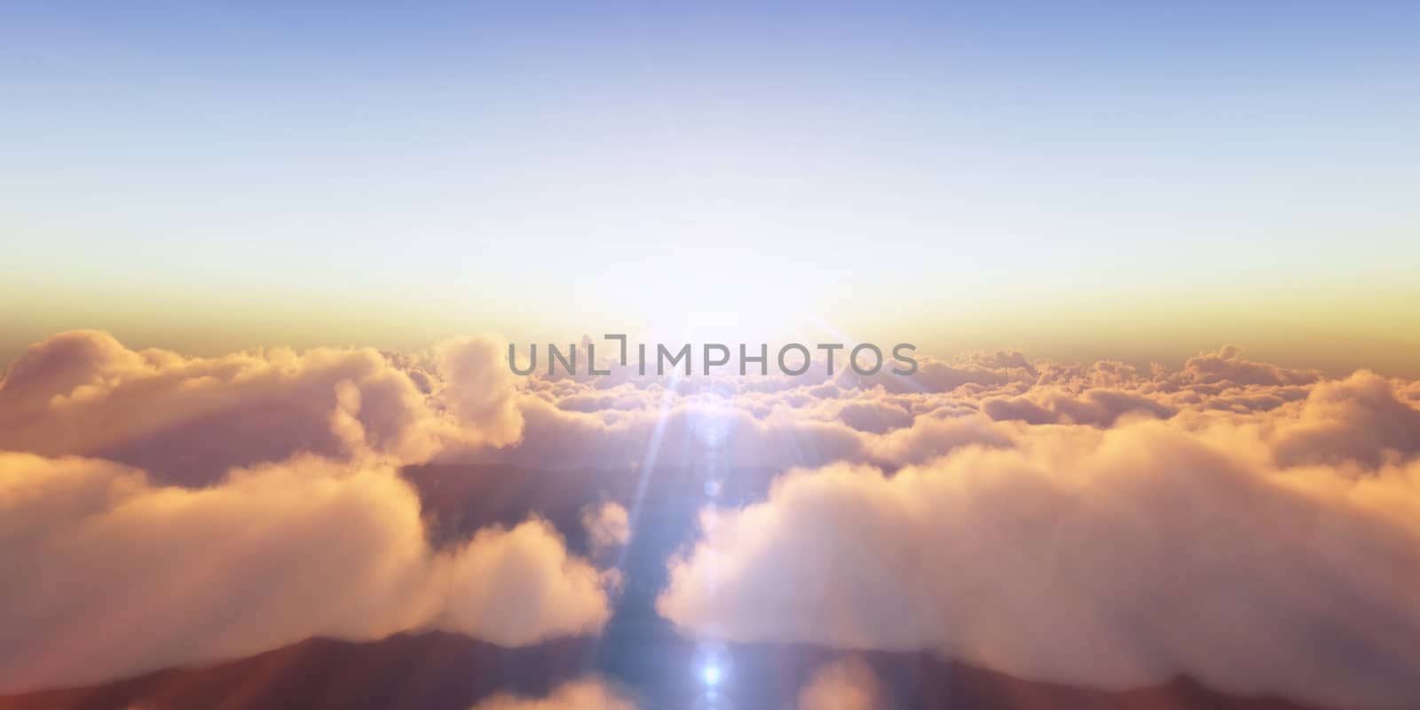 Beautiful aerial view above clouds with sunset. 3d illustration by alex_nako