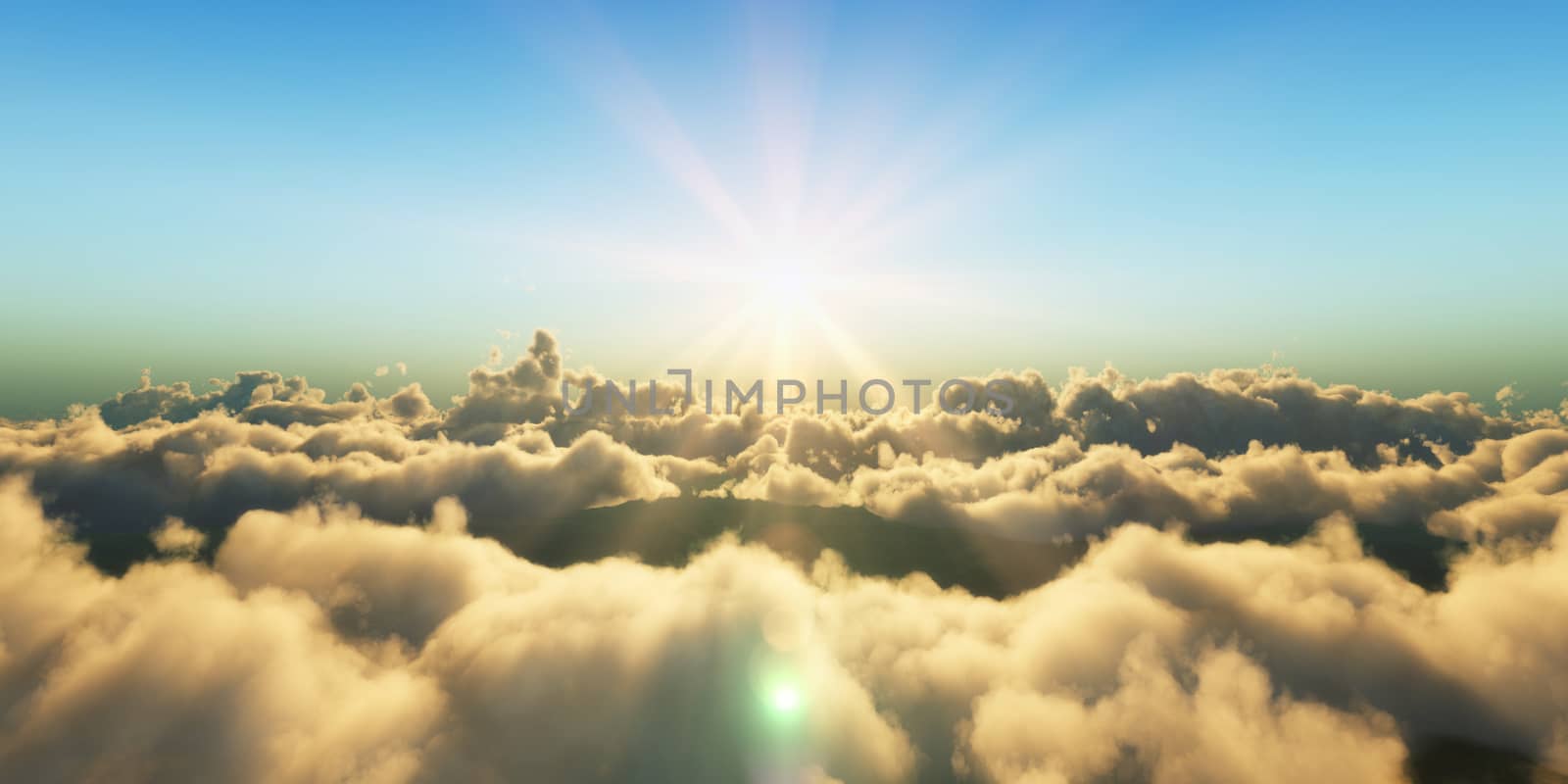 Beautiful aerial view above clouds with sunset. 3d illustration by alex_nako