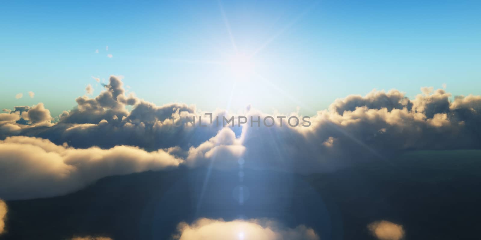 Beautiful aerial view above clouds with sunset. 3d illustration