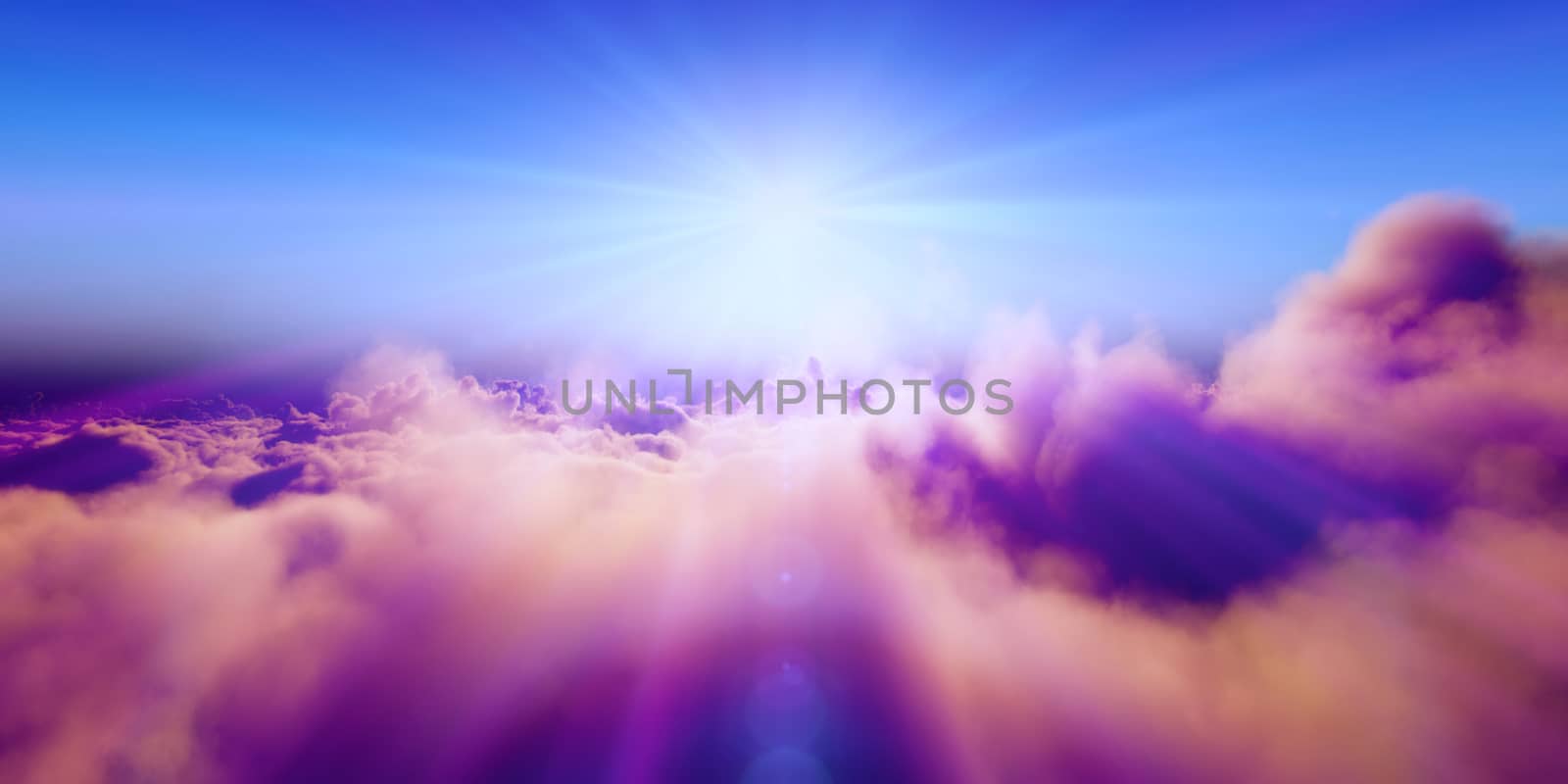 Beautiful aerial view above clouds with sunset. 3d illustration by alex_nako