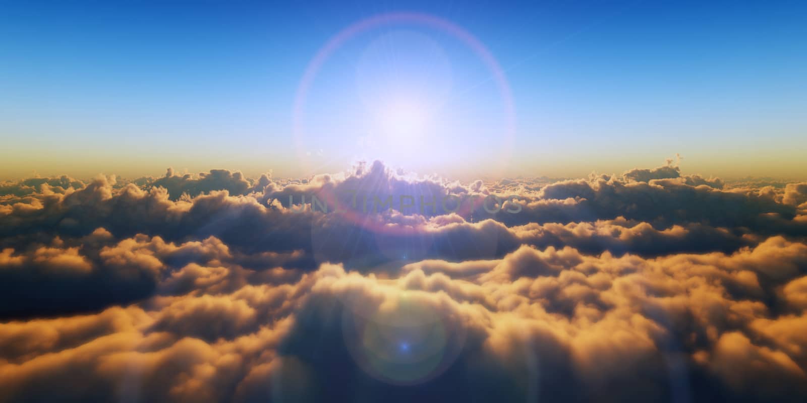 Beautiful aerial view above clouds with sunset. 3d illustration by alex_nako