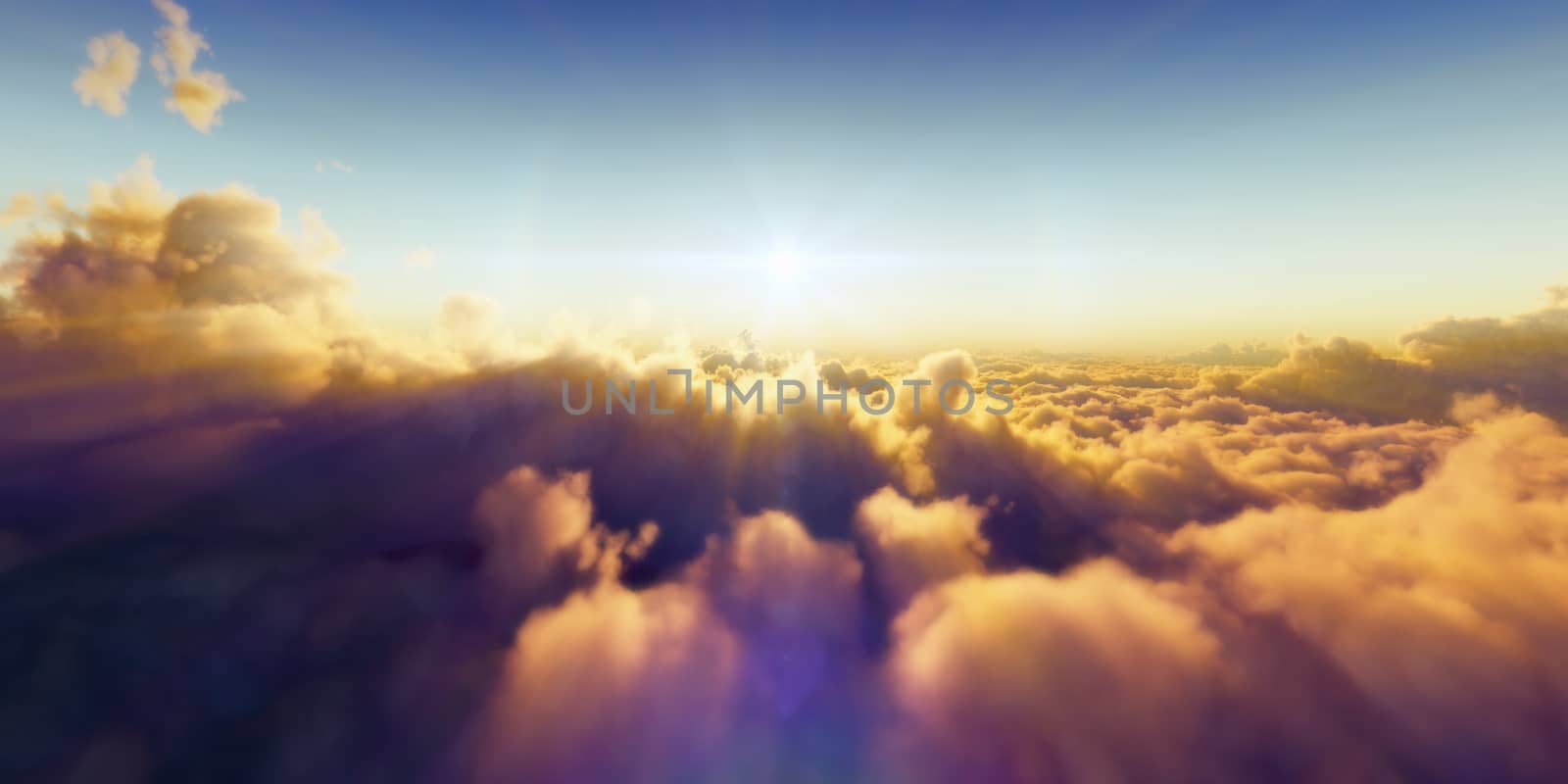 Beautiful aerial view above clouds with sunset. 3d illustration