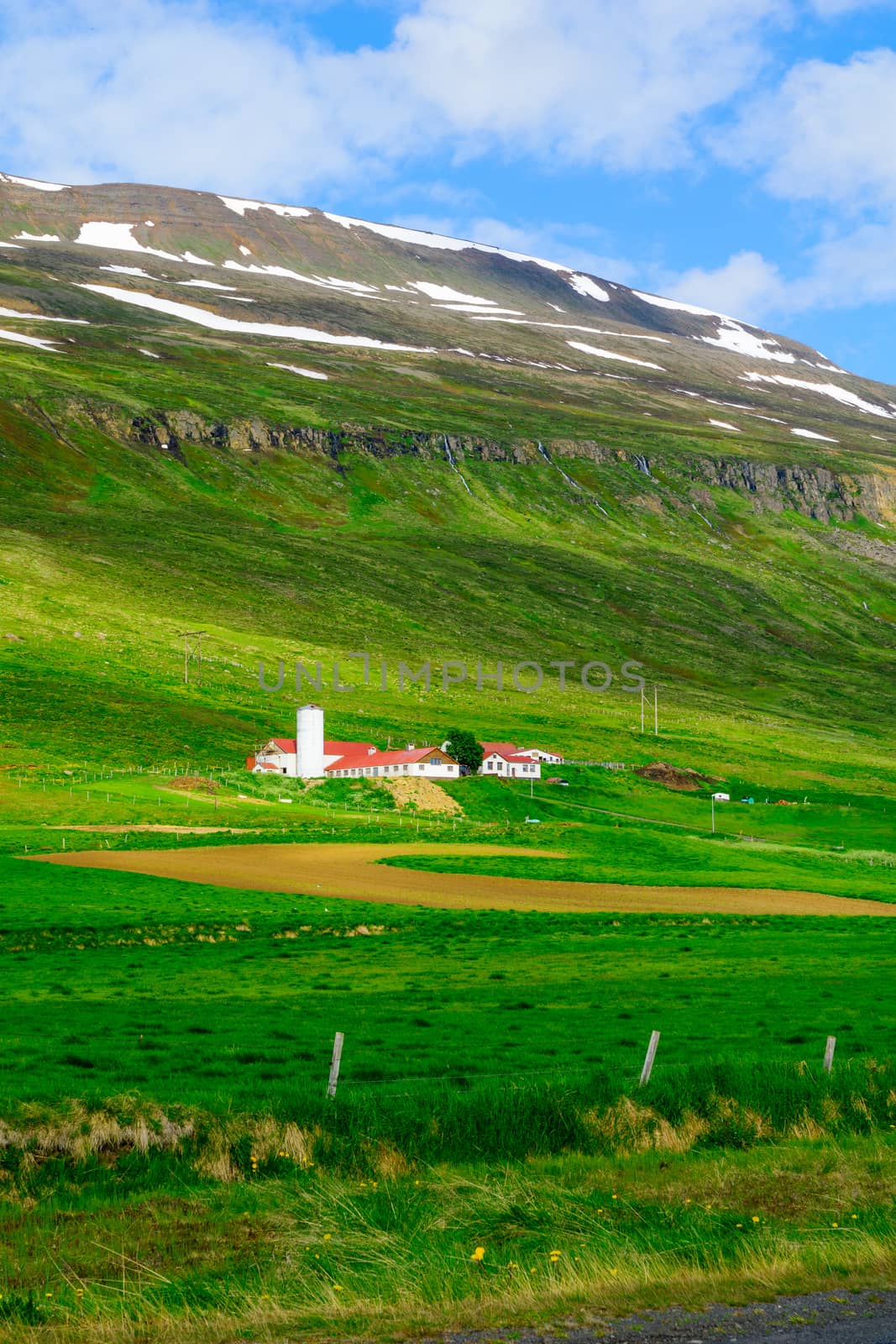 Landscape and countryside along road 82 and the Eyjafjordur fjord. Northern Iceland