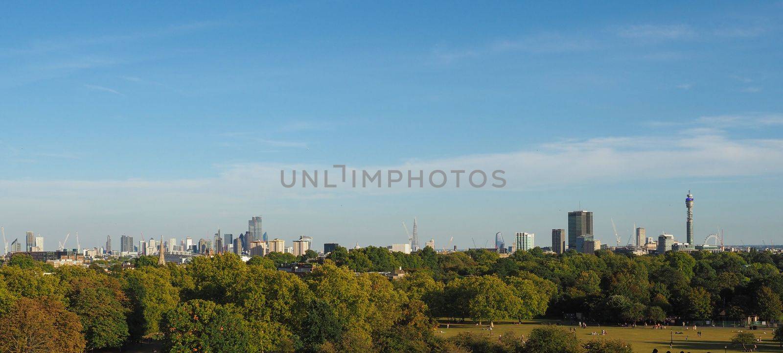 View of London skyline from Primrose Hill north of Regent's Park in London, UK