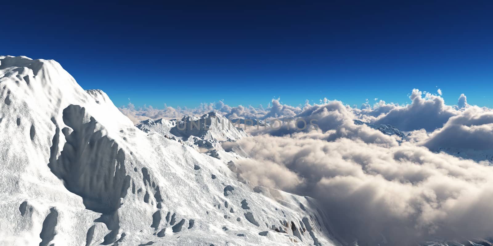 Mountain panorama over the clouds. Computer generated 3D illustration by alex_nako