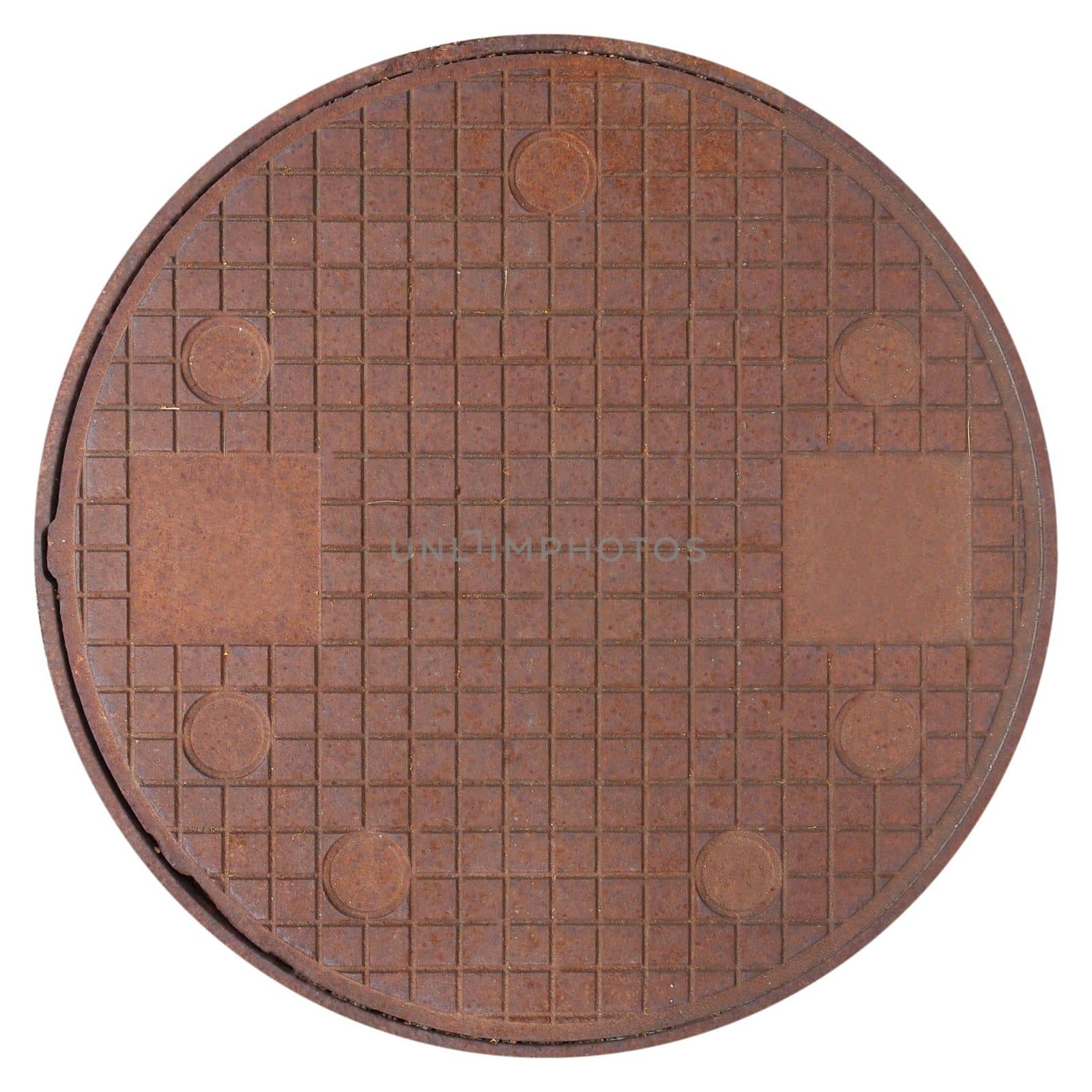 rusted steel manhole isolated over white background