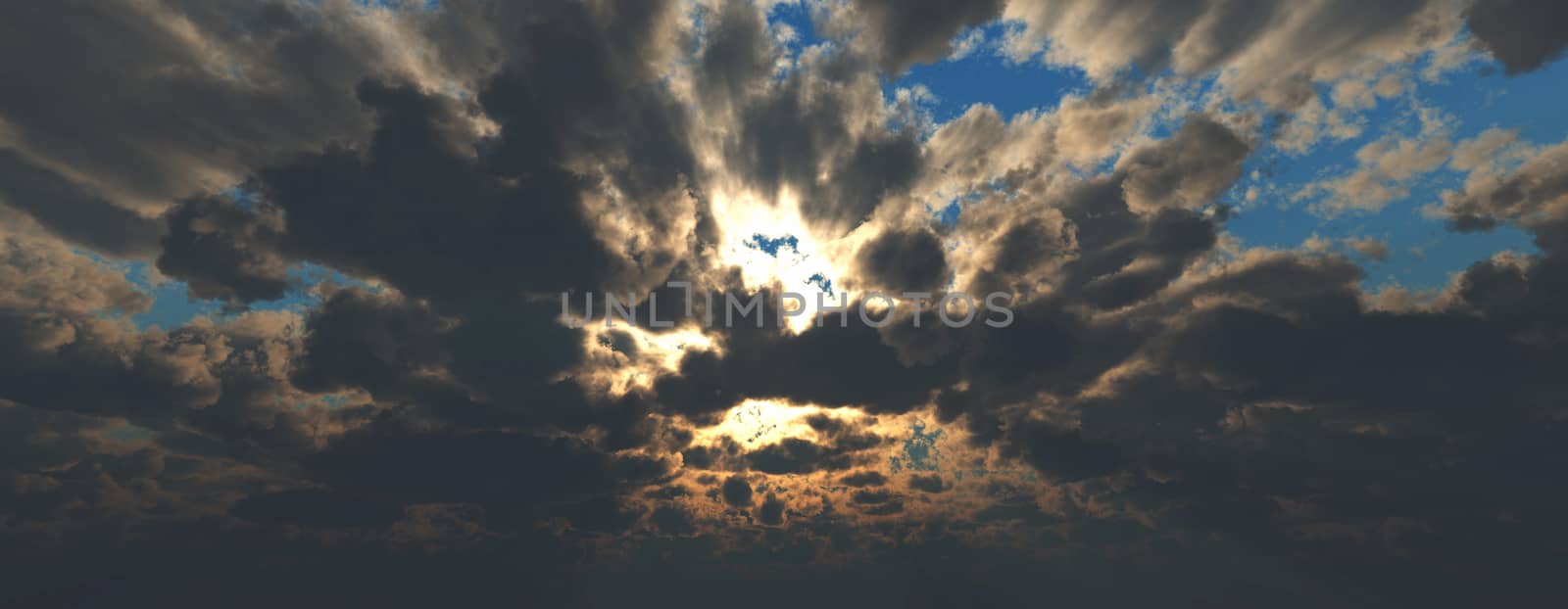 Sunset / sunrise with clouds, light rays and other atmospheric effect, 3d illustration by alex_nako