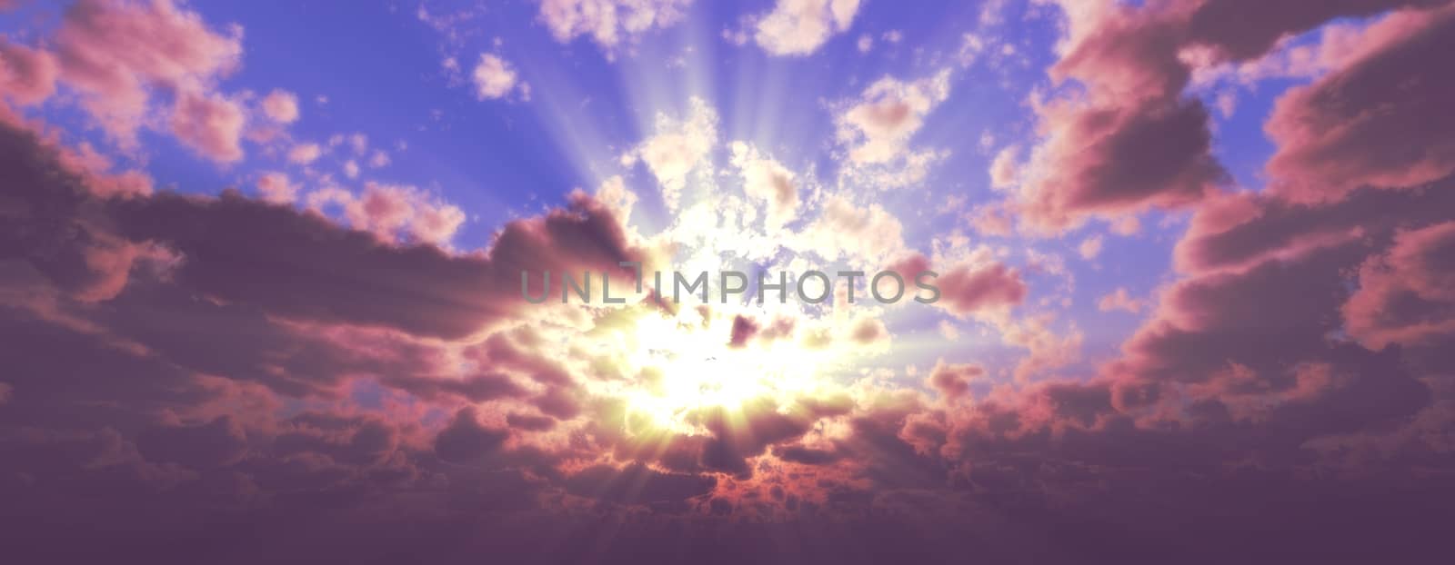 Sunset / sunrise with clouds, light rays and other atmospheric effect, 3d illustration
