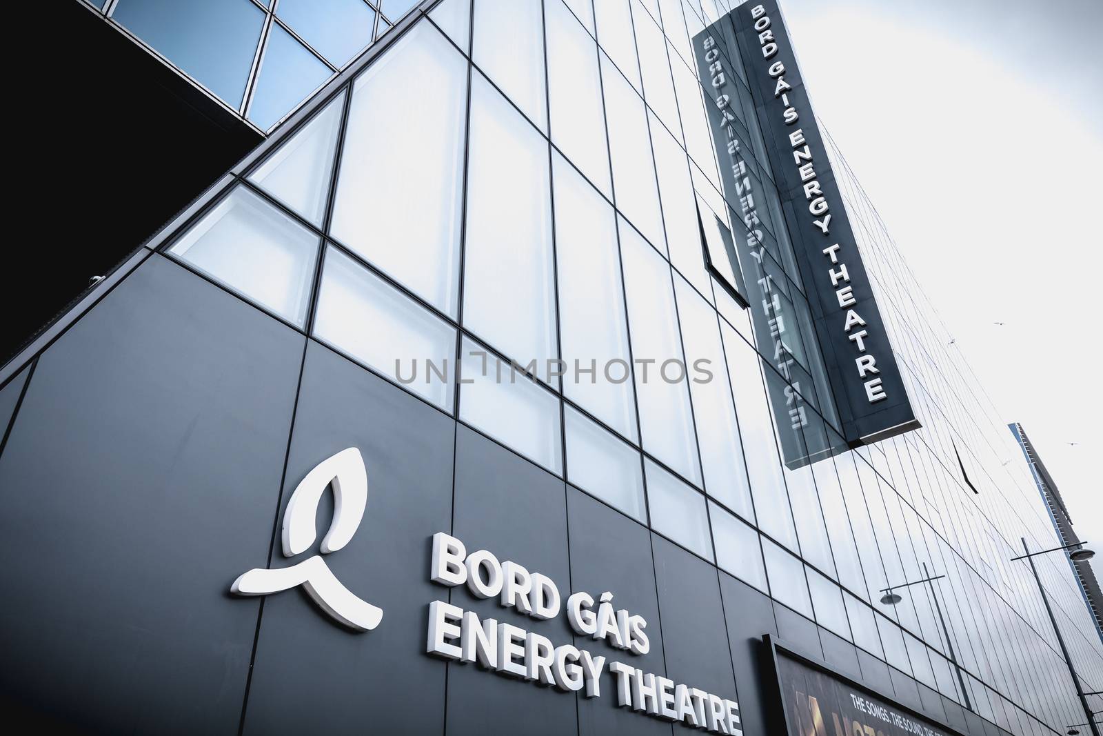 Dublin, Ireland - February 12, 2019: front of the Gais Energy Theater in the Docks area on a winter day