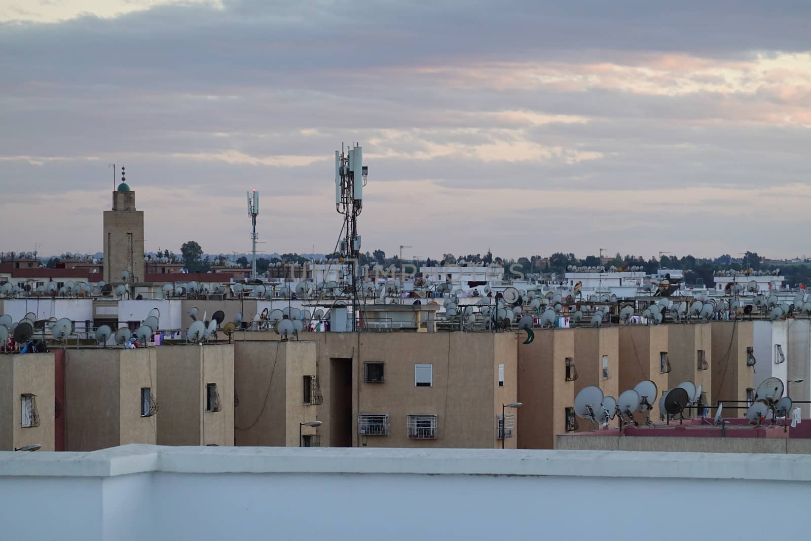 a city scape with a mosk and a cell tower.