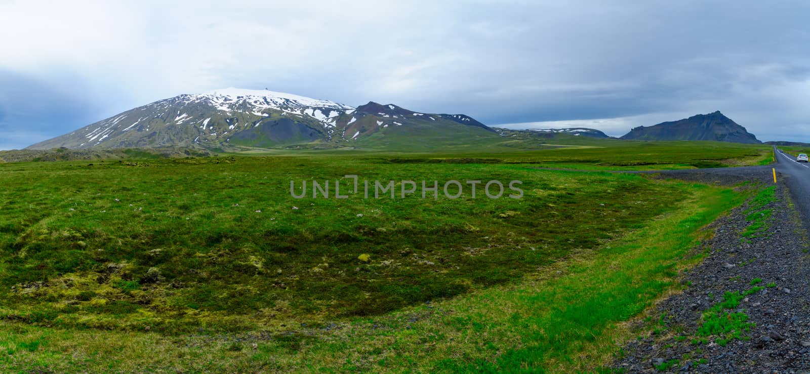 Landscape and the Snaefellsjokull volcano, in the Snaefellsnes peninsula, west Iceland