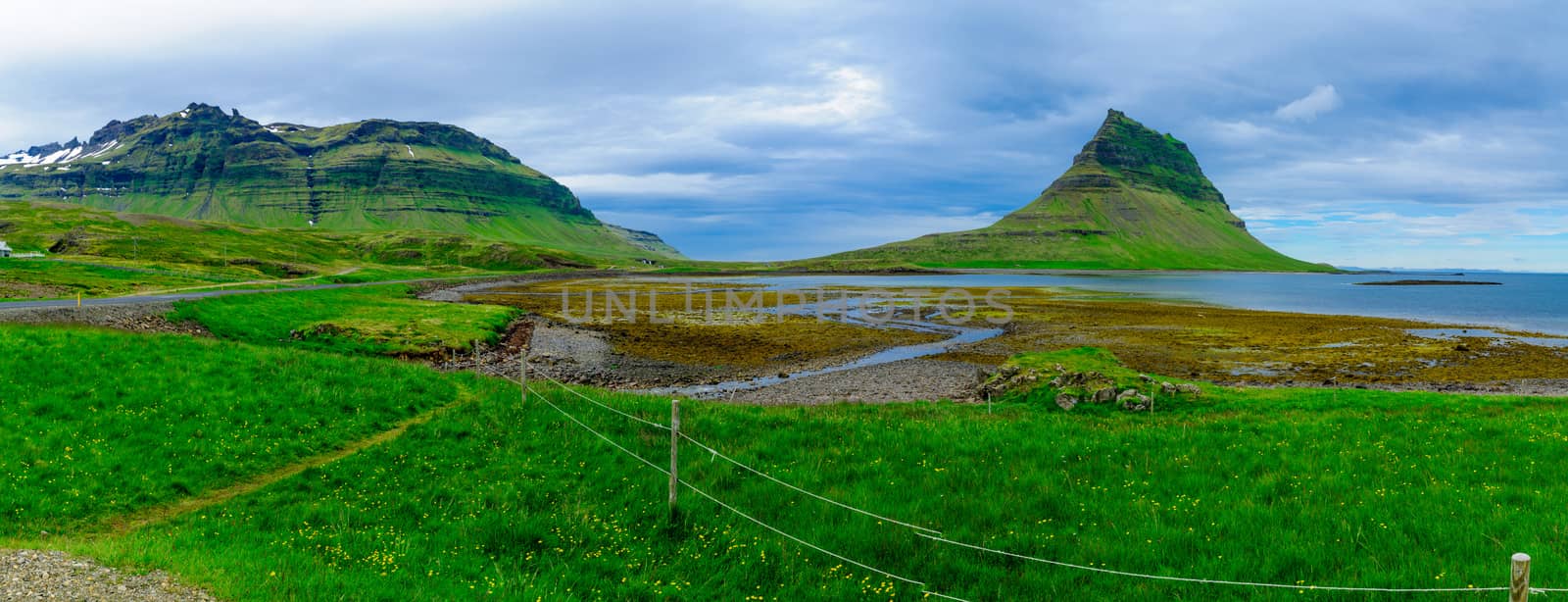 Panoramic landscape and the Kirkjufell mountain (Church mountain), in the Snaefellsnes peninsula, west Iceland