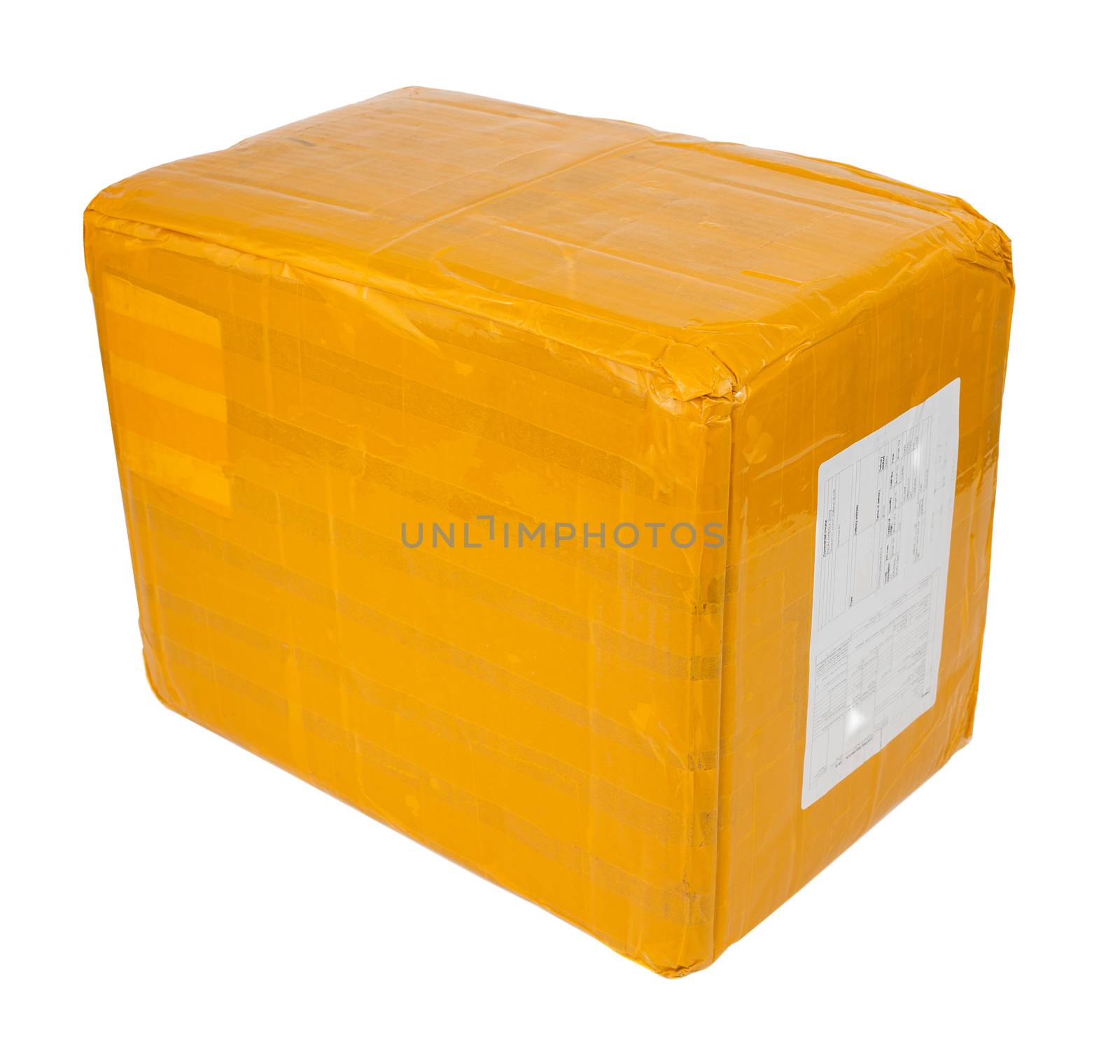 cardboard parcel box whole wrapped with yellow sticky tape isolated on white background.