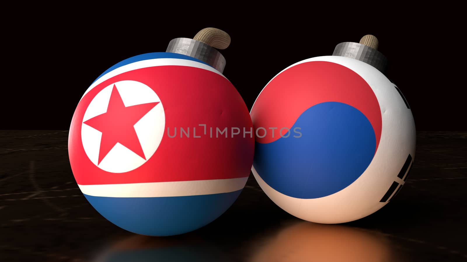 The north Korea and south Korea flags on bomb  3d rendering for  border content.