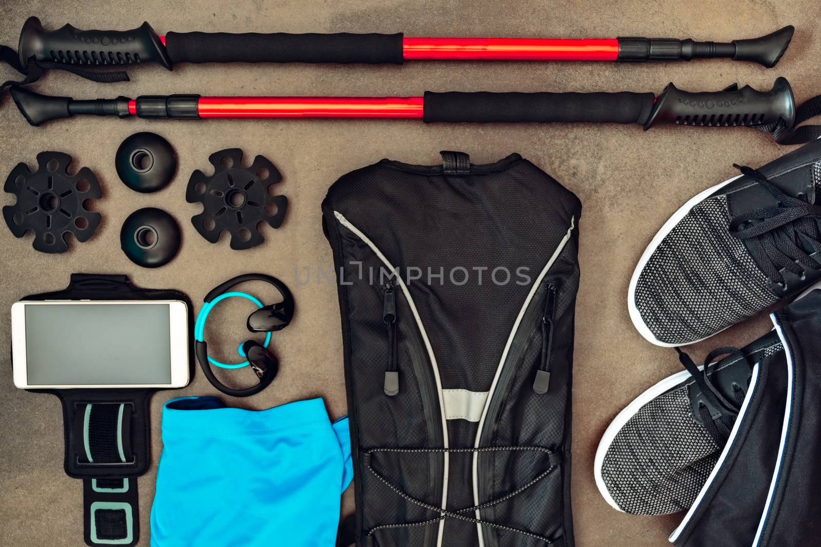 Set of several sports seen from above. Sports graphical resources. Lifestile. Trekking, Running, gym, Yoga, wellness