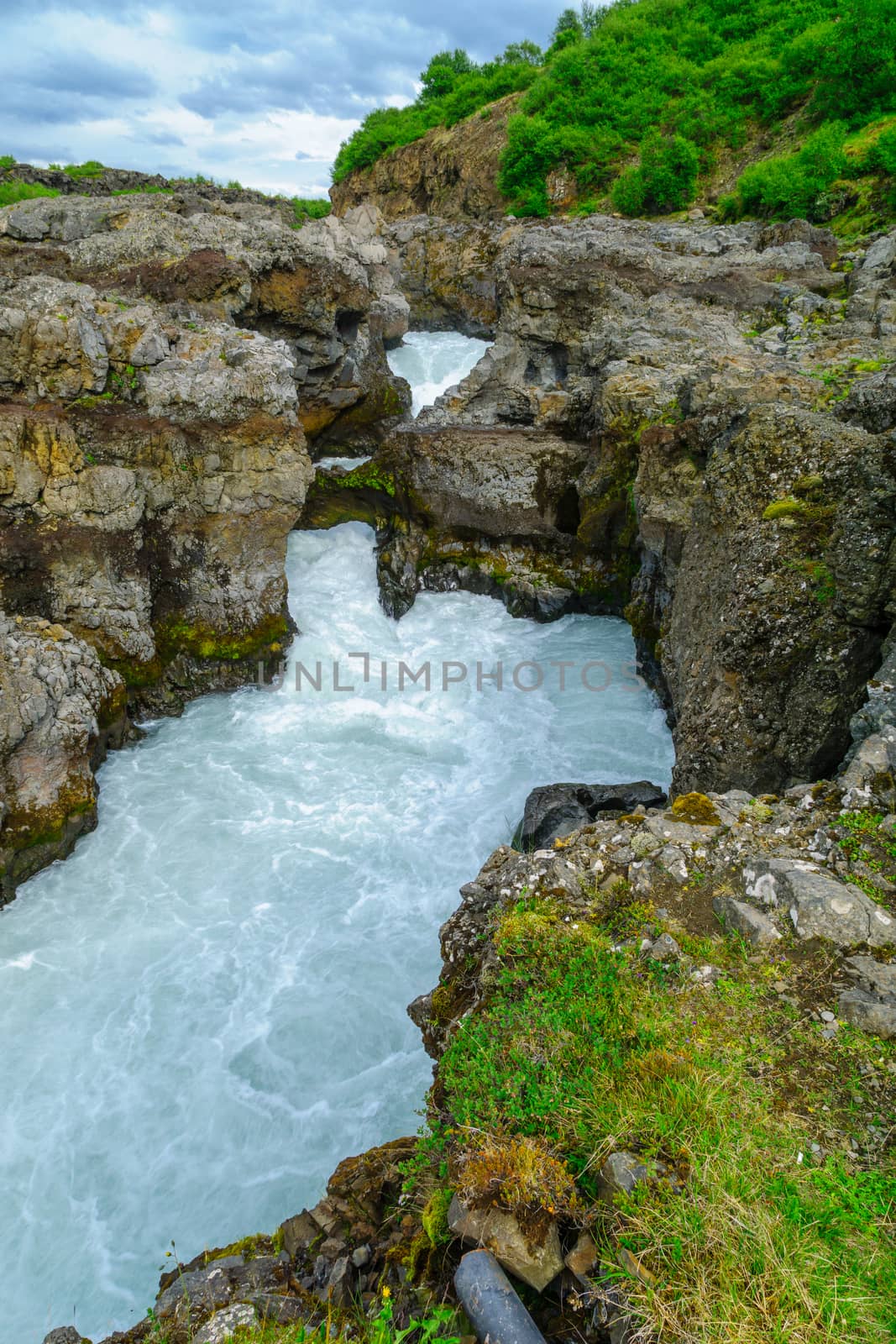 View of the Barnafoss waterfall, in Borgarfjordur, western Iceland