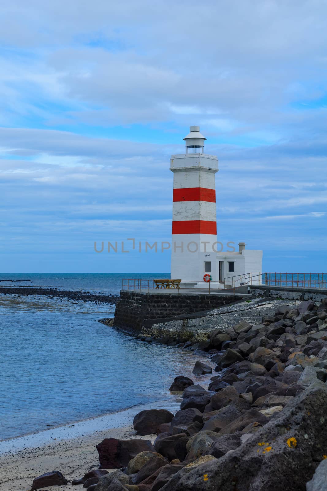 The old lighthouse (built 1897) in Gardur, the Southern Peninsula region in southwest Iceland