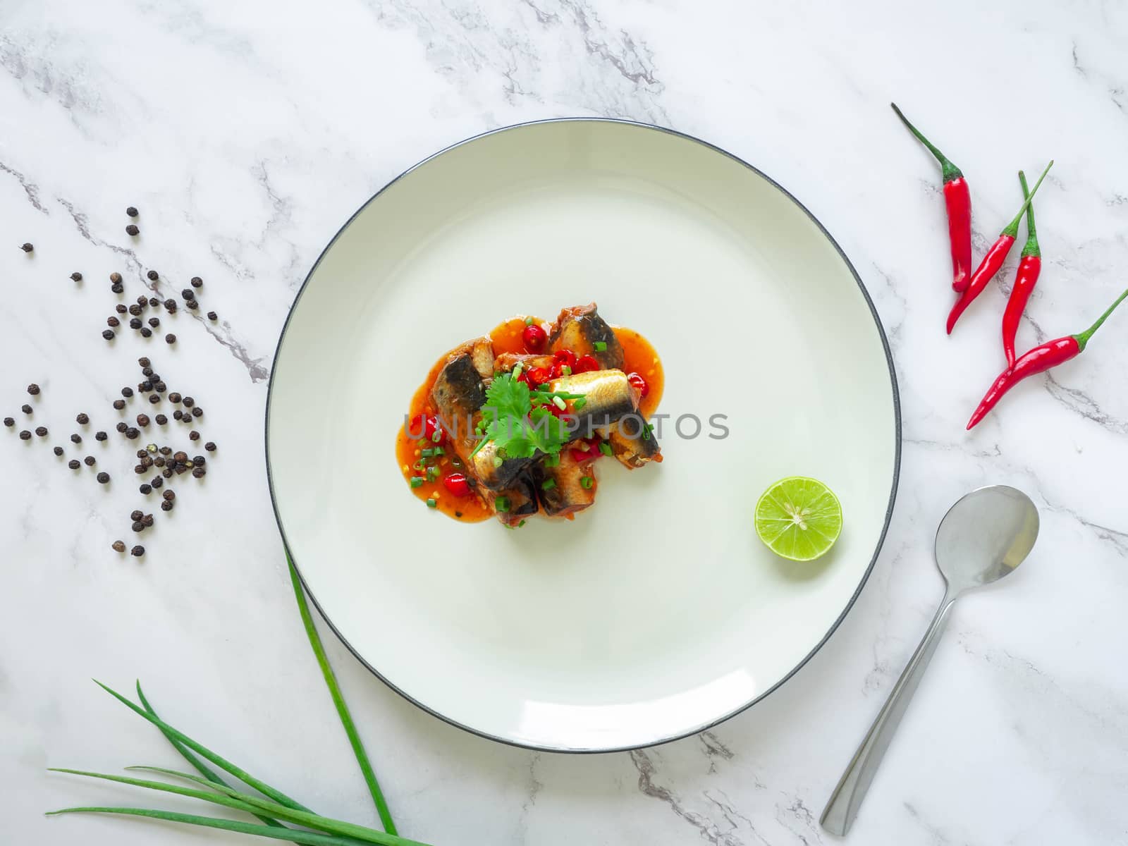 Canned Fish Salad,Thai food Ingredients Fish,Chilies,Lime,Spring onions,Pepper,Coriander,Hot sauce and tomatoes,Is a healthy food,White background