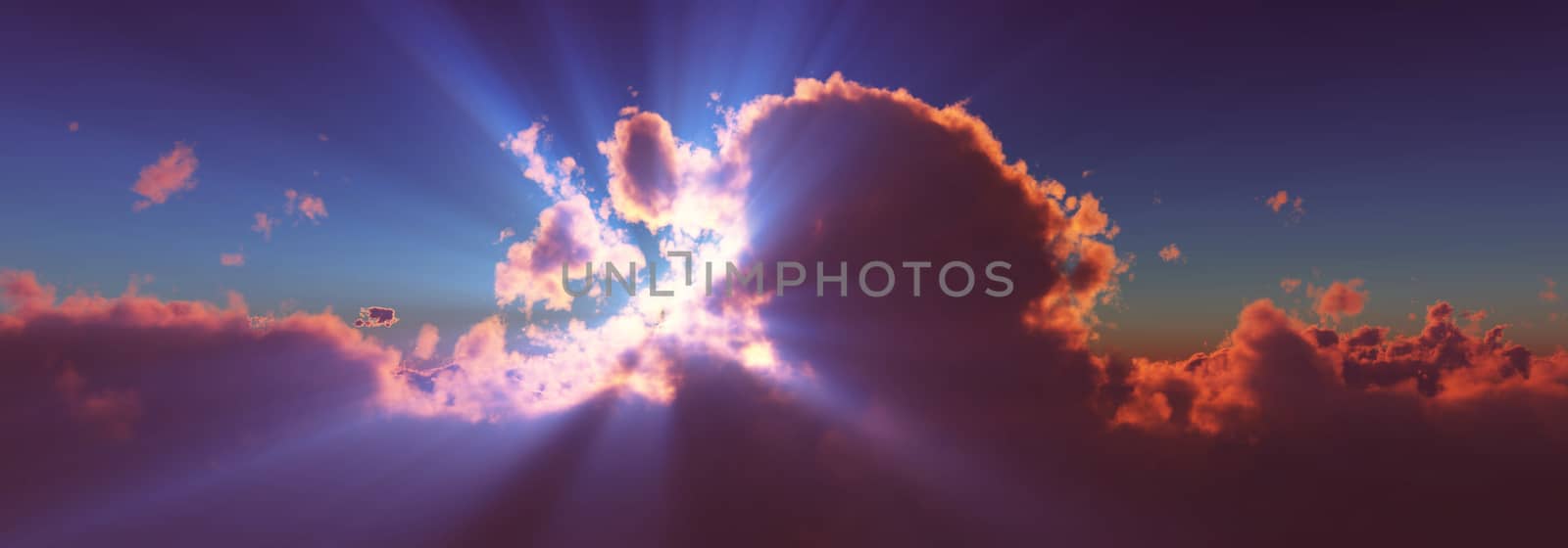 above clouds sun ray sunset. 3d render illustration