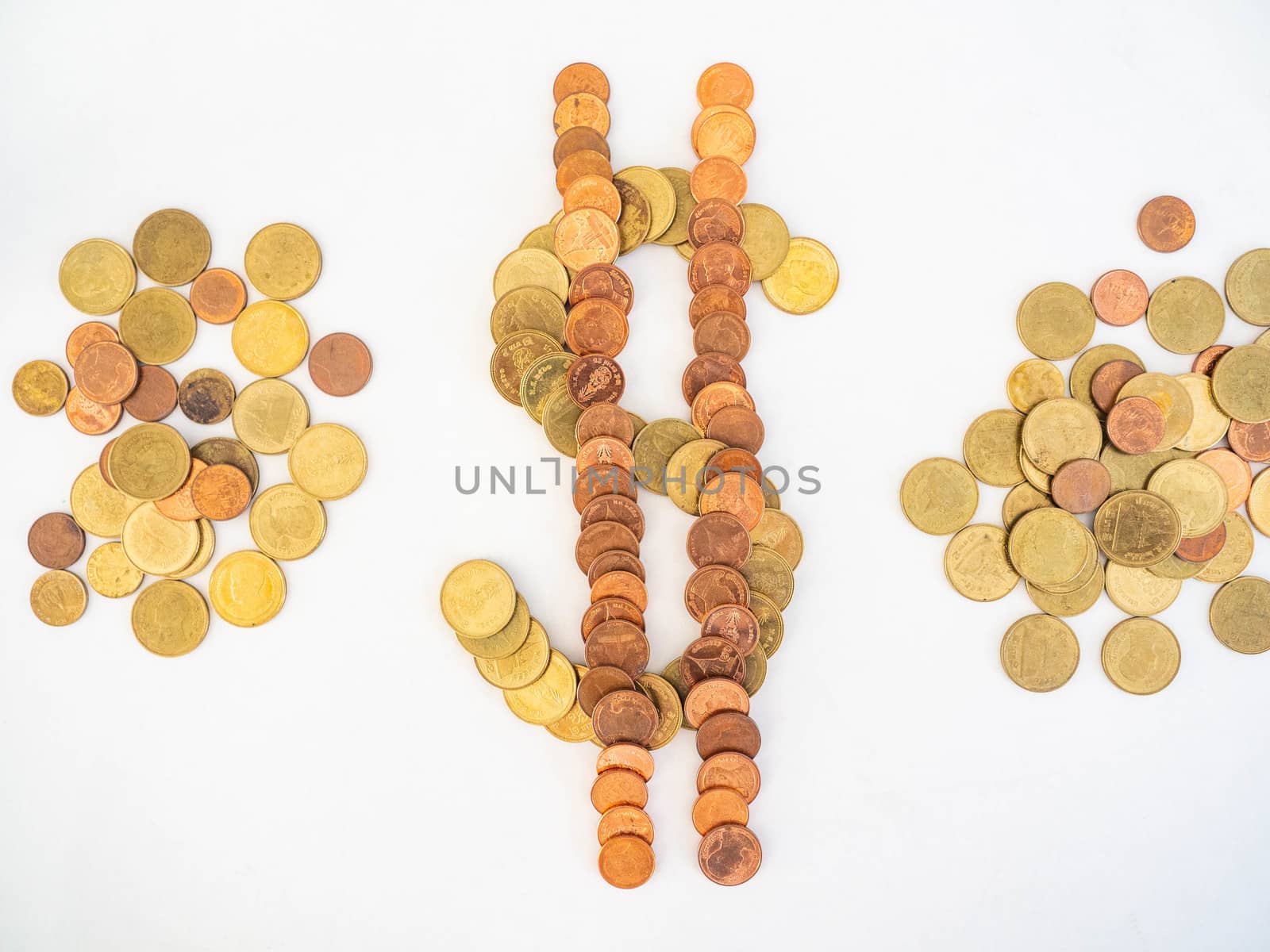 Thai Baht Coins colors Gold set in the Shape dollar,Is the currency of Thailand.For business expenses,Coin is in a jar of money saving,White background
