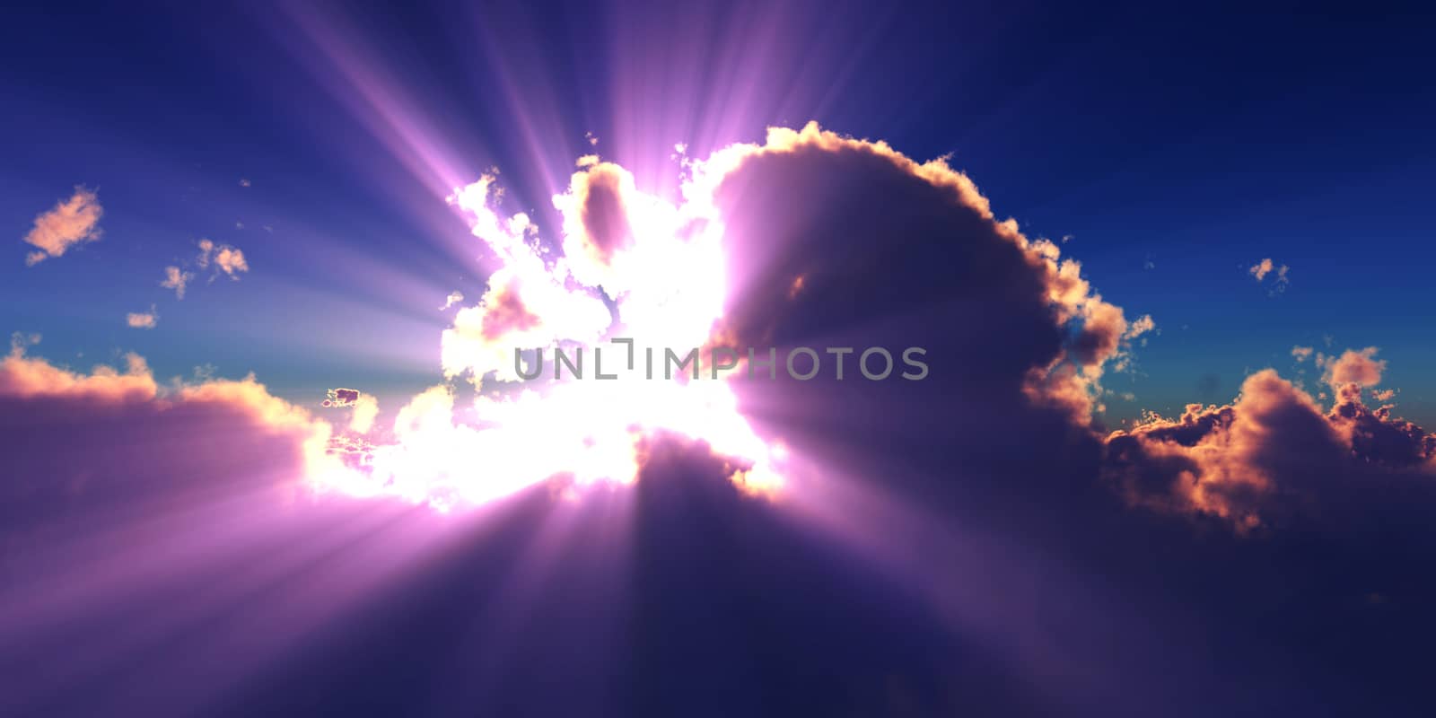 above clouds sun ray sunset. 3d render illustration