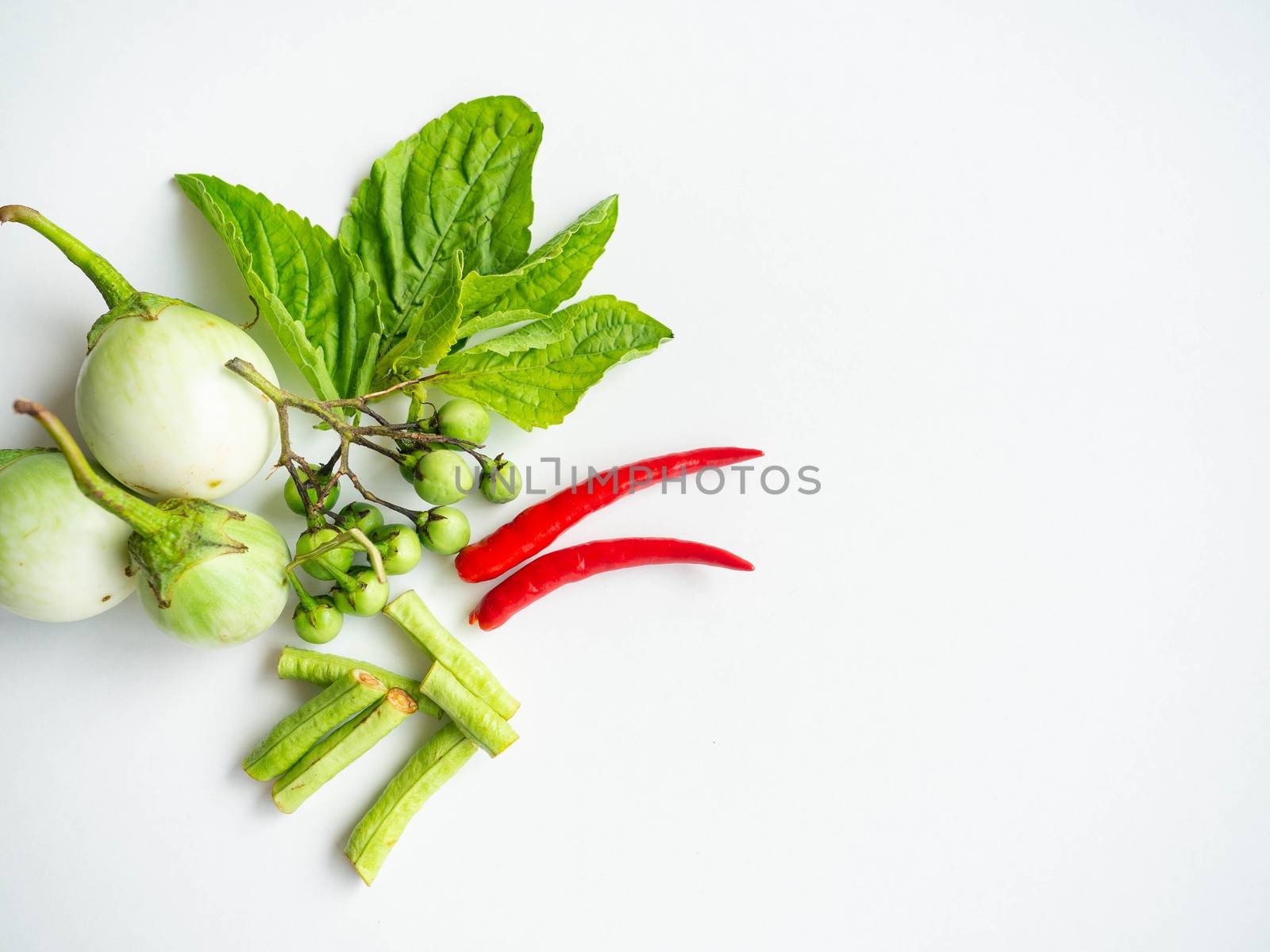 Thailand herbs Chilli Yard long beans Pea eggplant Basil leaf Eggplant brittle,Food red curry Thai,White Background