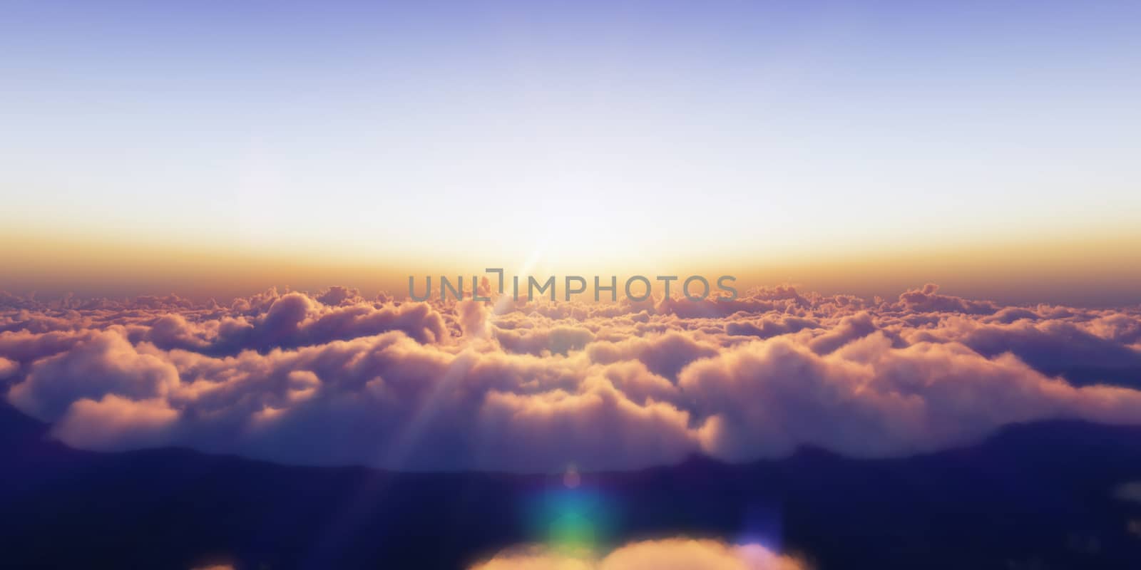 Beautiful aerial view above clouds with sunset. 3d illustration