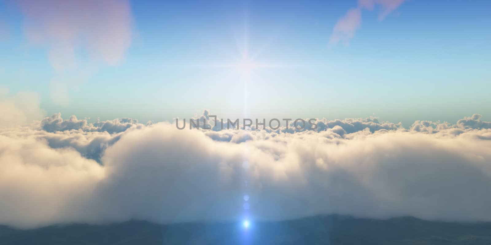 Beautiful aerial view above clouds with sunset. 3d illustration