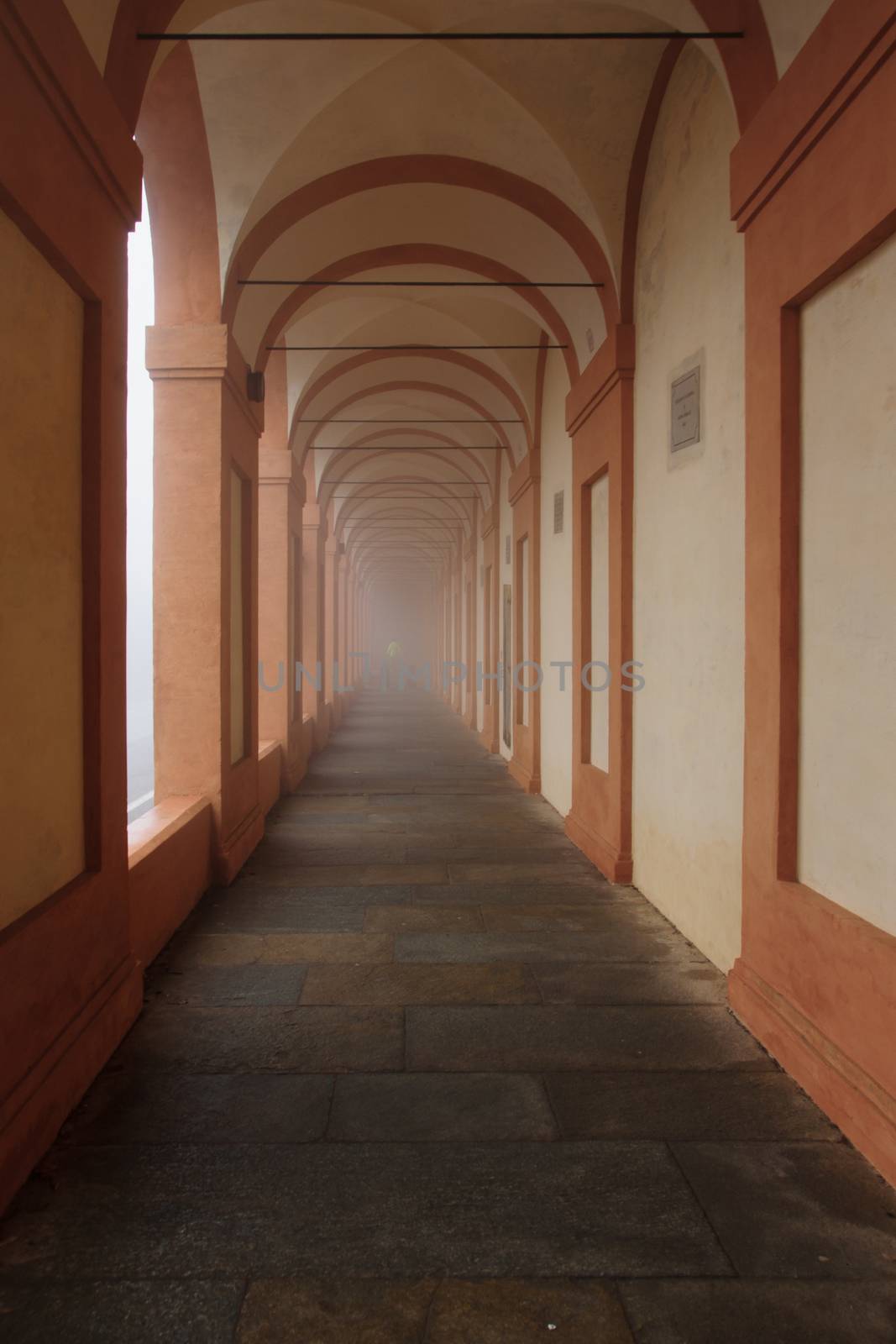 The portico (covered walkway) to the Santuario di Madonna di San Luca, in Bologna, Emilia-Romagna, Italy