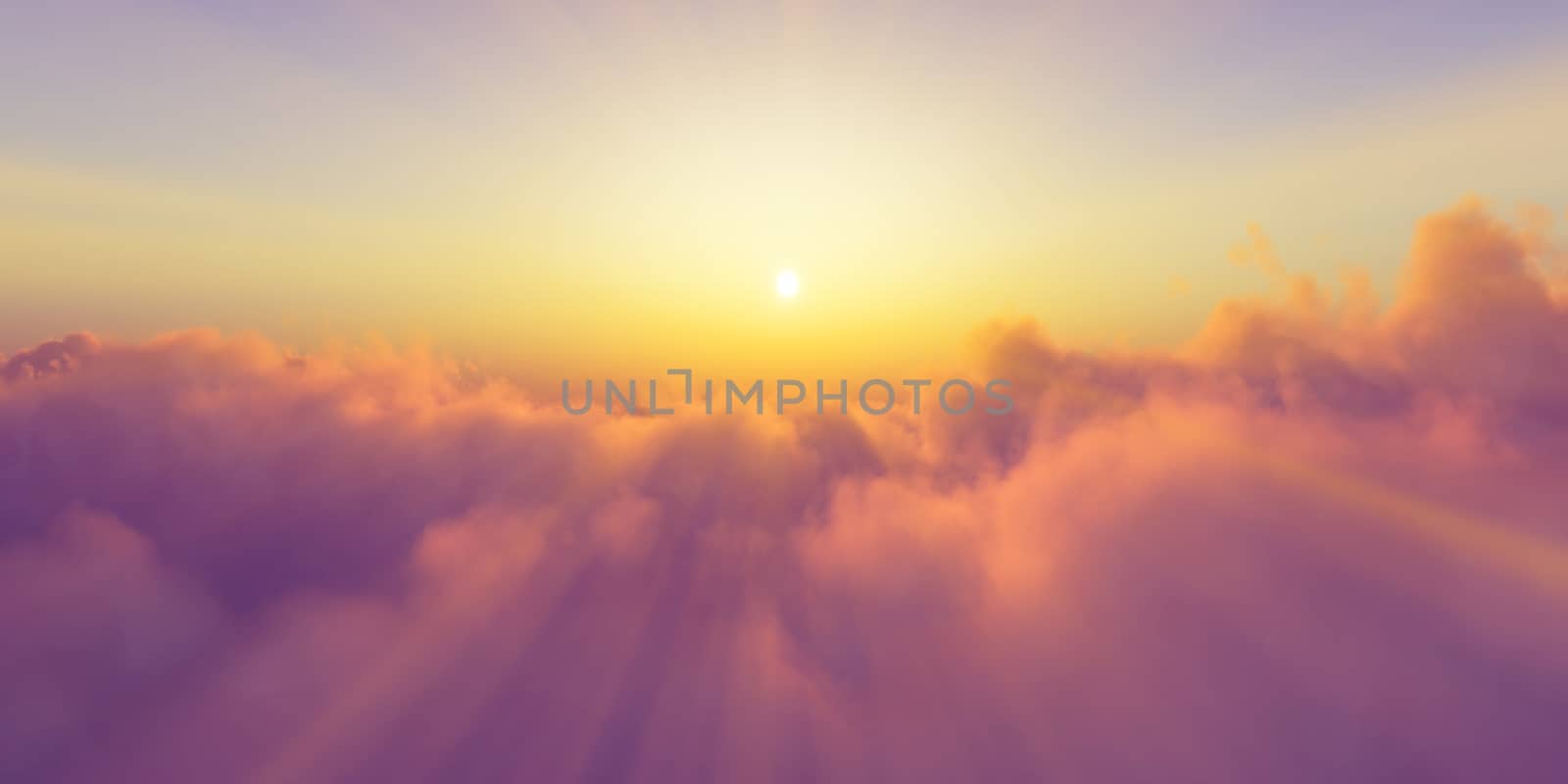 Beautiful aerial view above clouds with sunset. 3d illustration