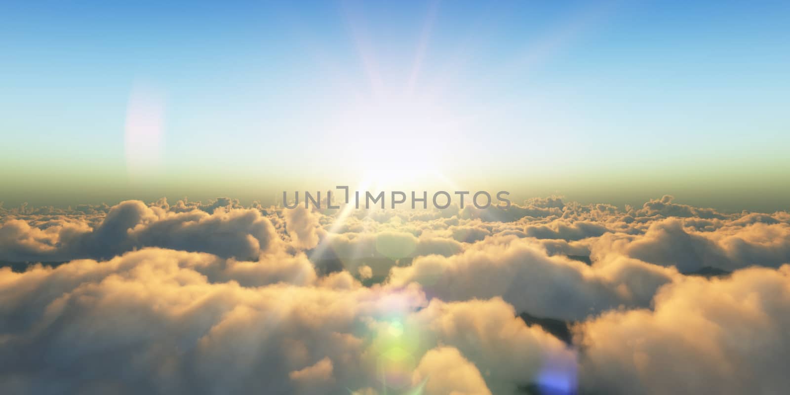 Beautiful aerial view above clouds with sunset. 3d illustration