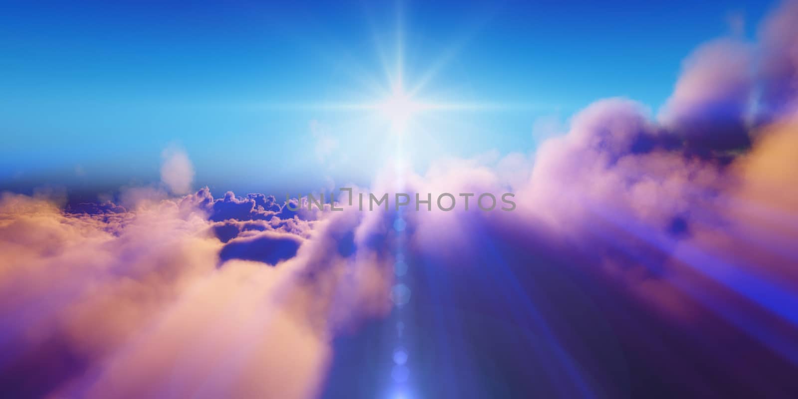 Beautiful aerial view above clouds with sunset. 3d illustration