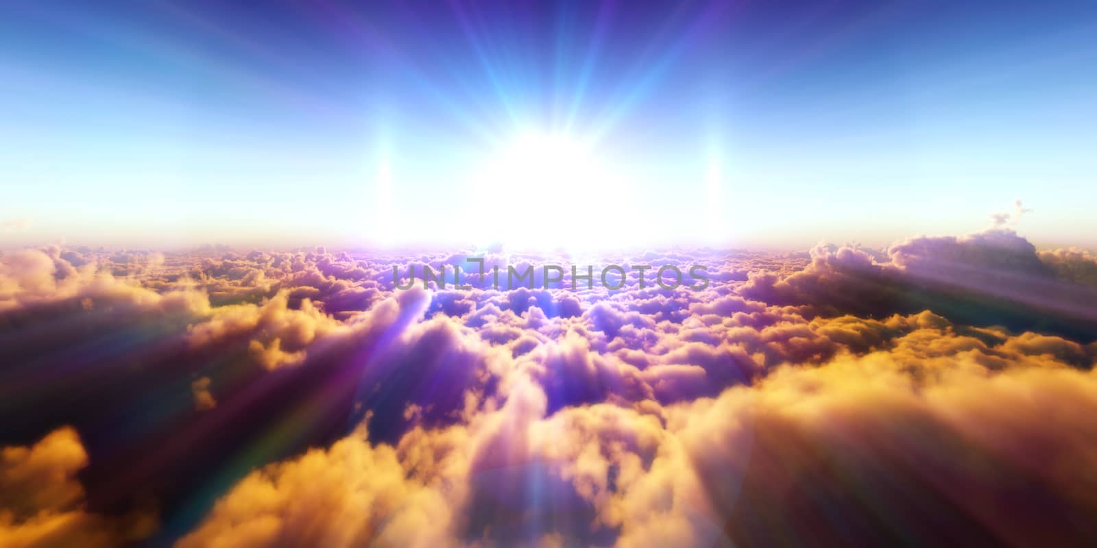 Beautiful aerial view above clouds with sunset. 3d illustration