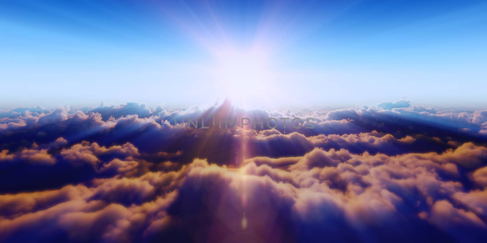 Beautiful aerial view above clouds with sunset. 3d illustration