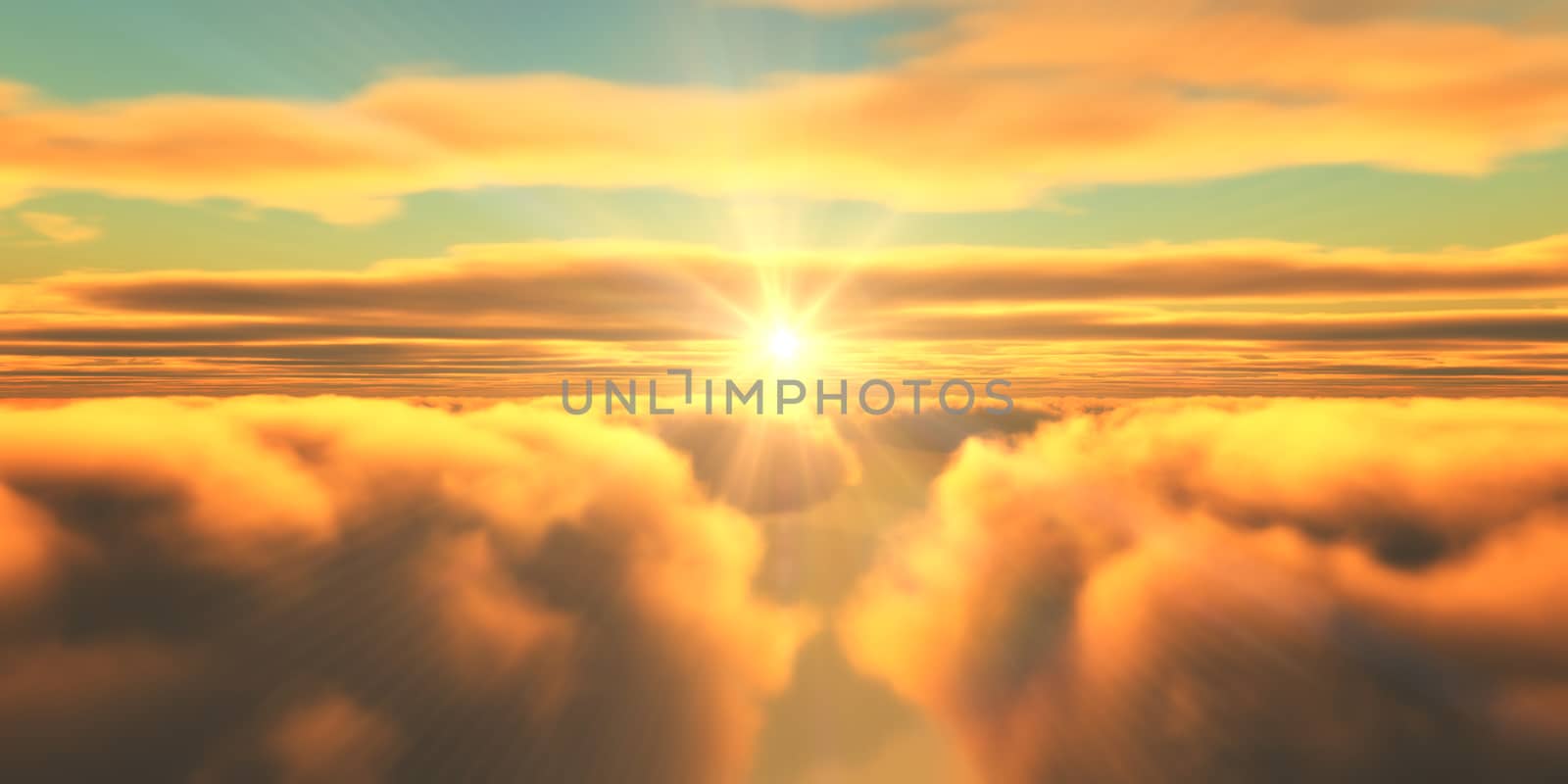 Beautiful aerial view above clouds with sunset. 3d illustration