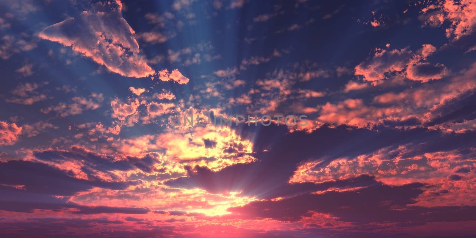 Sunset / sunrise with clouds, light rays and other atmospheric effect, 3d illustration by alex_nako