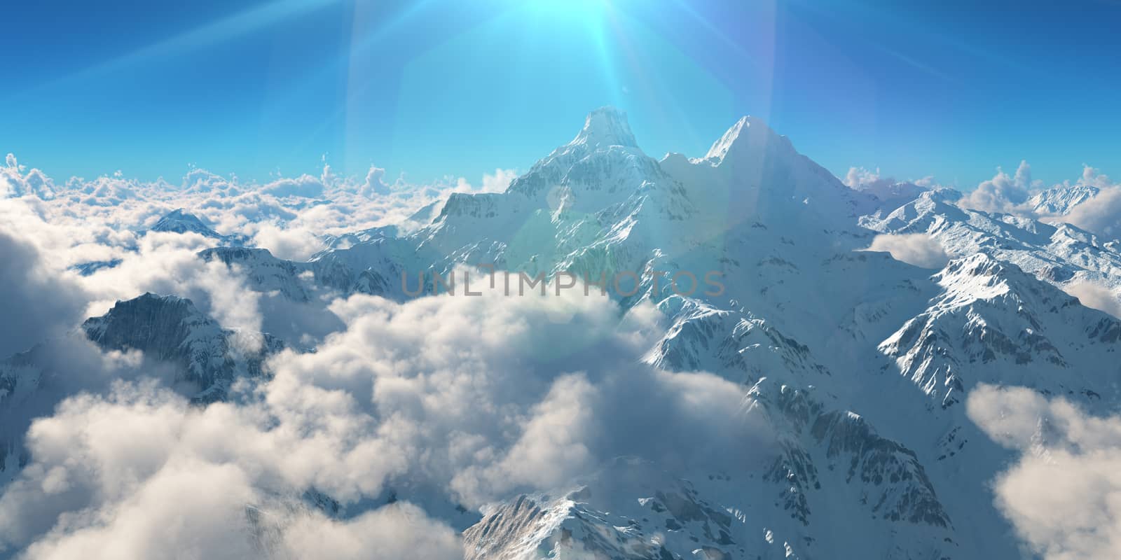 Mountain panorama over the clouds. Computer generated 3D illustration by alex_nako