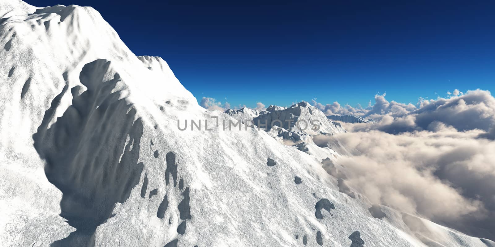 Mountain panorama over the clouds. Computer generated 3D illustration by alex_nako