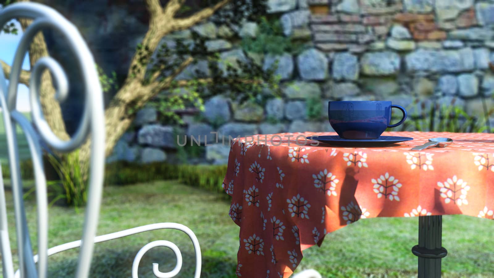 Time to drink tea in natural, 3d render illustration