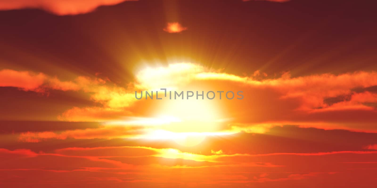 Big sun sky at beautiful sunset, 3d illustration