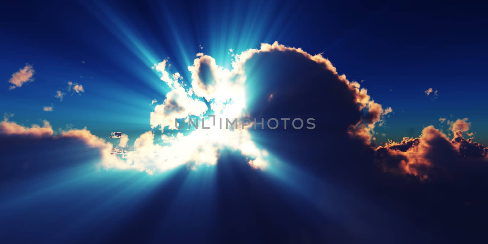 above clouds sun ray sunset. 3d render illustration