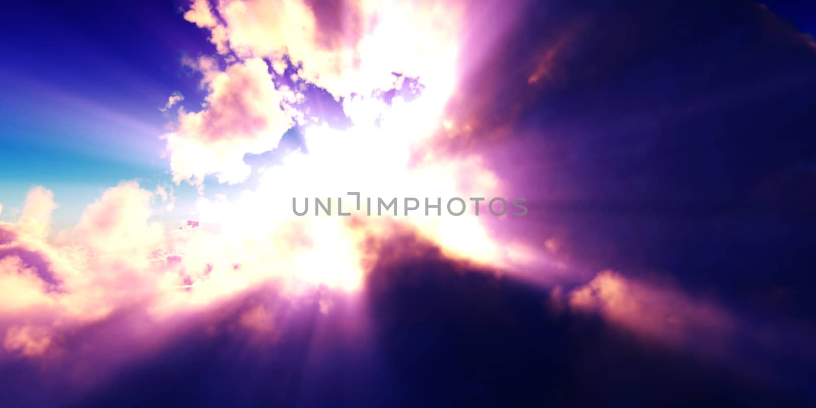 above clouds sun ray sunset. 3d render illustration