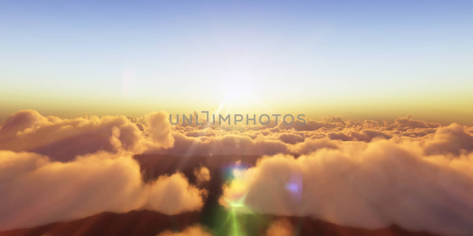 Beautiful aerial view above clouds with sunset. 3d illustration