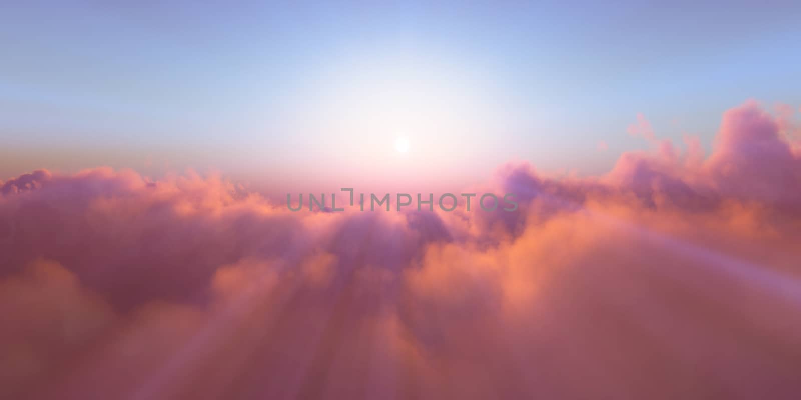 Beautiful aerial view above clouds with sunset. 3d illustration