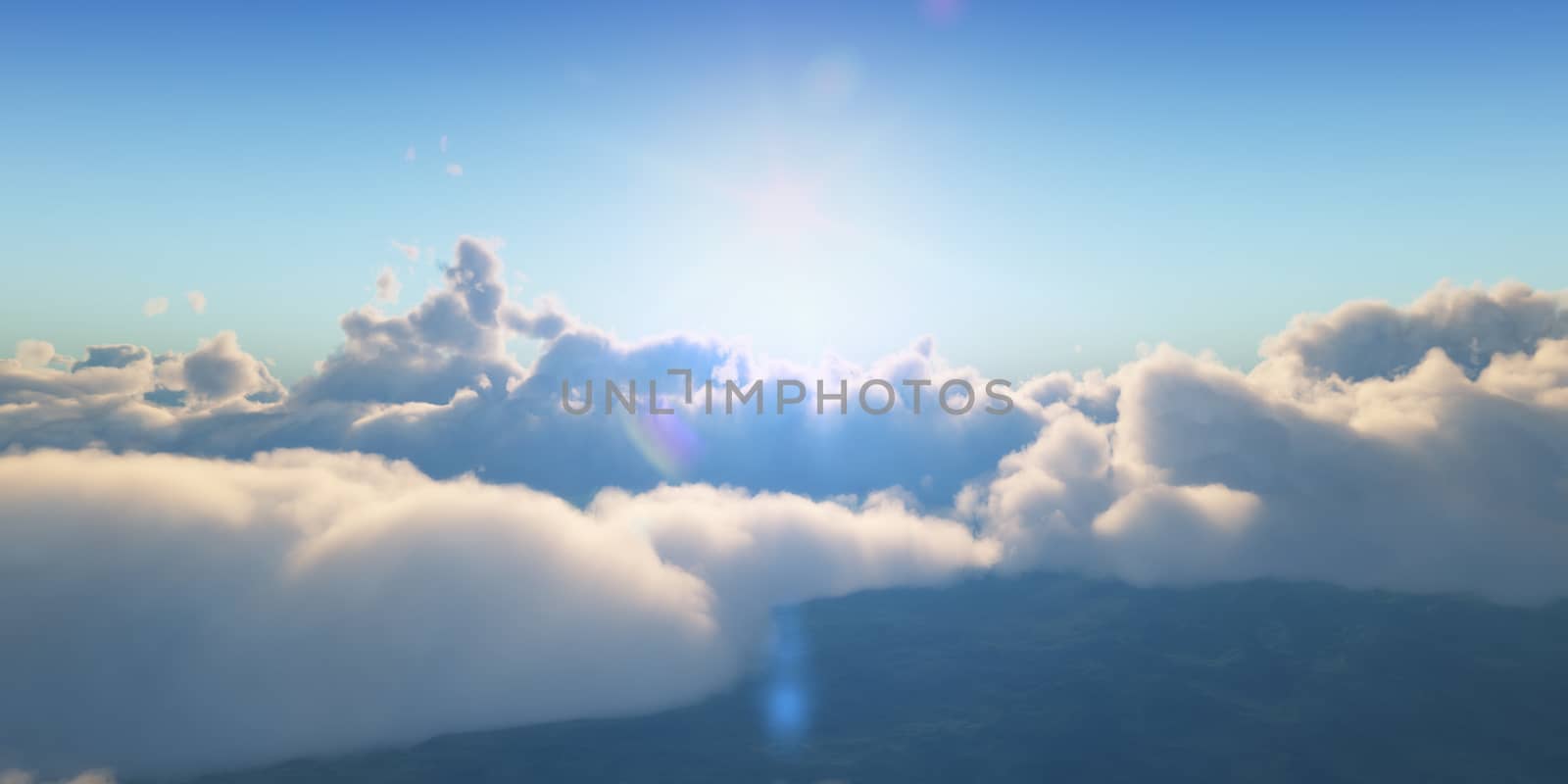 Beautiful aerial view above clouds with sunset. 3d illustration